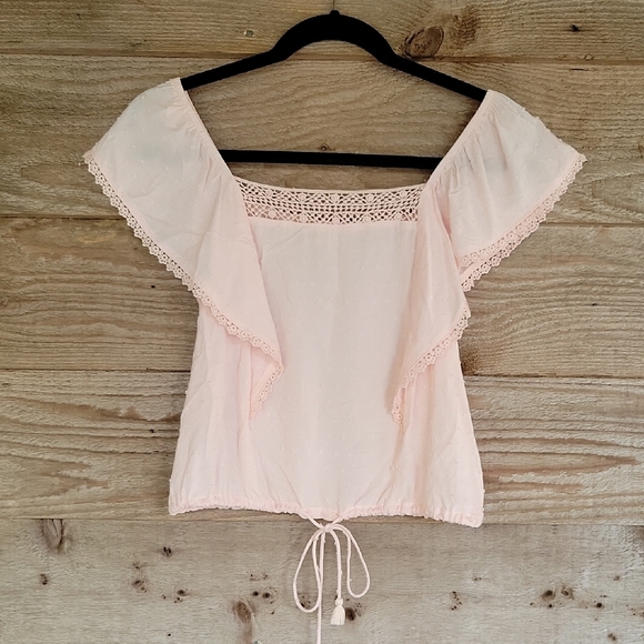 Pink Flutter Sleeve Ruffled Blouse with Tie Front - Picture 1 of 6